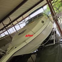 After photo of a detailed boat bow under covered dock